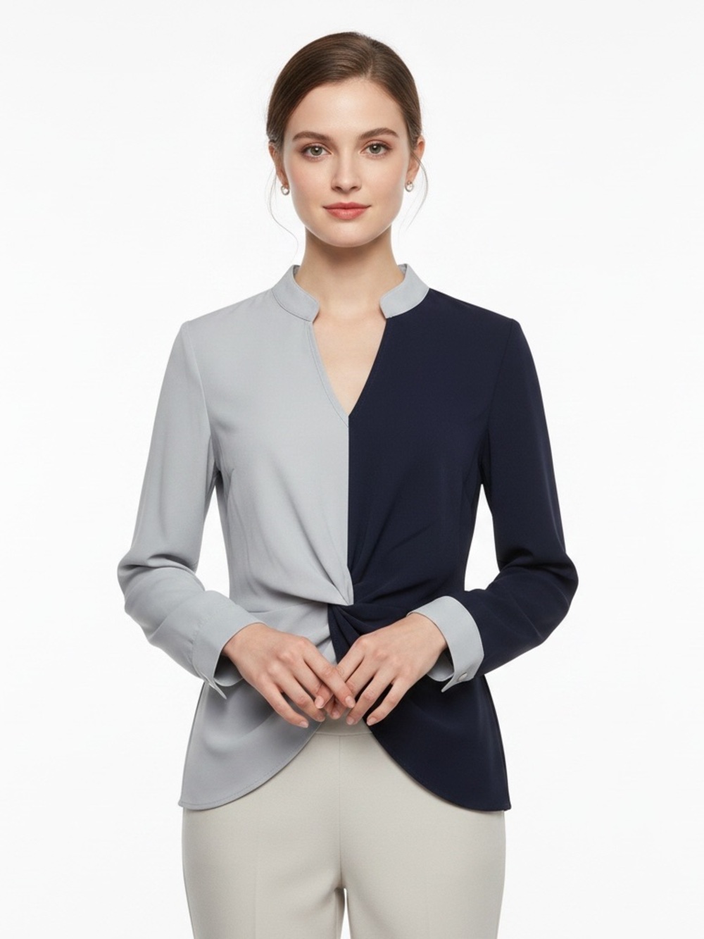 SHEIN Navy and Light Gray Colorblock Twist Front Top